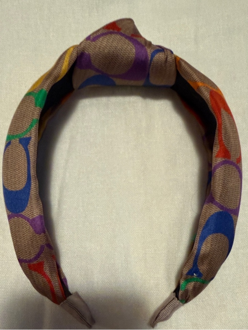 Coach Brown Knotted Headband with Multicolor Circle Motifs